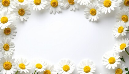 Fototapeta premium A delicate floral frame of white daisies with yellow centers arranged around a bright white background, creating a fresh and cheerful spring composition