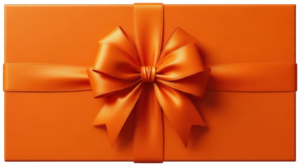 Overhead view of a cheerful orange gift box with a prominent bow, ideal for conveying happiness and festive spirit