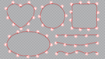 Festive Valentines Day red garlands. Realistic vector 3d decorative garlands isolated on checkered background. Set of frames made from glowing garlands for ads, poster, banner, card.