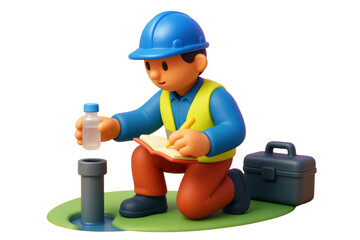 Technician in hard hat and vest testing water sample while writing notes, colorful abstract style, isolated on white background. Ai generative