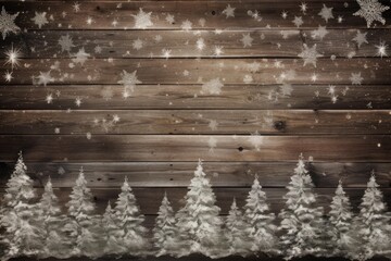 Rustic wooden background featuring a wintry scene with falling snowflakes and christmas trees