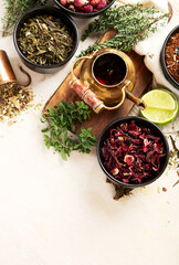 Herbal tea with medicinal herbs and flowers.