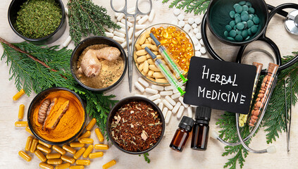 Alternative medicine herbal organic capsule. Herbs leaf natural supplements for healthy good life.