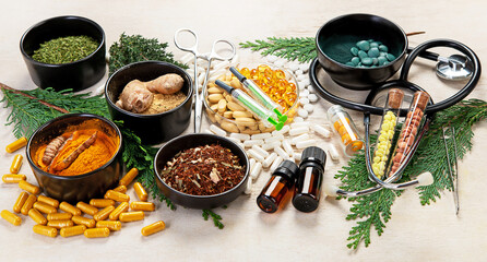 Alternative medicine herbal organic capsule. Herbs leaf natural supplements for healthy good life.