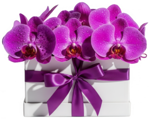 White gift box with purple ribbon and vibrant purple orchids, isolated on transparent background
