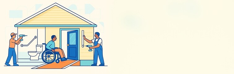 Home accessibility renovation illustration with workers helping disabled person in wheelchair on light background with copyspace on right. Ai generative