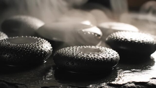 Wet, smooth volcanic spa stones releasing gentle steam on a dark slate background, illuminated by soft, moody, diffused light creating a tranquil environment moisture, atmosphere, zen