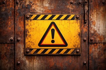 Cautionary Symbol Appearing on a Rusty Industrial Background Highlighting Safety Awareness and Risk Management in Various Environments and Workspaces