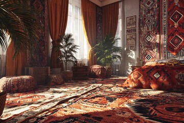Experience a captivating interior adorned with intricate patterns, botanical elements, and golden