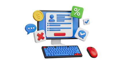 3D Rendering of a Computer with Icons: Finance, Communication, and Status