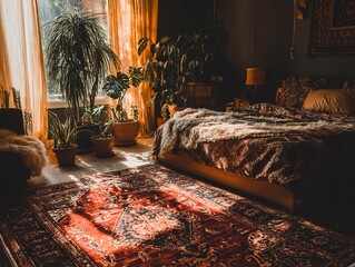 Golden hour glow illuminating a plant-filled bedroom sanctuary with artisanal rug and comfort