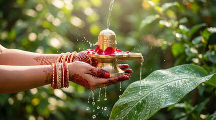 Woman hands with henna performing abhishek on a golden shiva lingam with water for pradosh vrat and maha somvar religious rituals in nature setting
