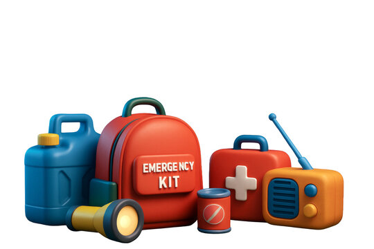 Emergency survival kit with backpack, flashlight, water bottle, radio, and medical case in creative style, isolated on white background. Ai generative