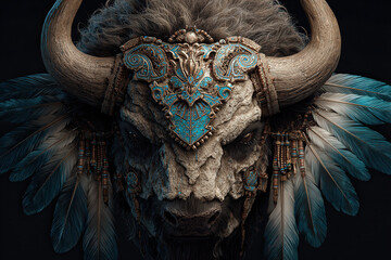 Bull skull with turquoise tribal mask and feathers, shamanic totem on dark background