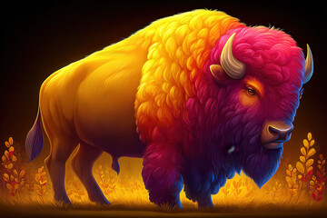Vibrant neon bison portrait, colorful digital illustration