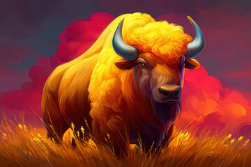Vibrant neon bison portrait, colorful digital illustration