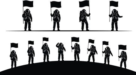 Silhouette set of astronauts holding flags standing on moon surface, space exploration, cosmic planet background, cad drawing flat vector illustration © Momotaj