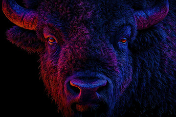 Bison in misty prairie at sunrise, powerful wild bull, atmospheric landscape