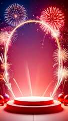 empty podium with new years firework decoration with copy space