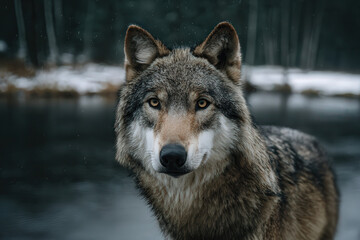 Grey wolf in dark forest, wildlife predator, moody cinematic scene