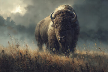 Bison in misty prairie at sunrise, powerful wild bull, atmospheric landscape