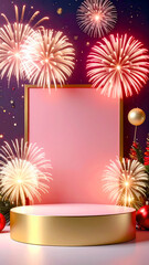 empty podium with new years firework decoration with copy space