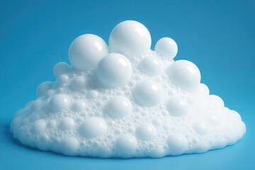 imaSoap foam cloud with bubbles on blue background, 3D abstract