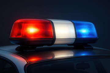 Police light bar with red and blue flashing lights on dark background, 3D render