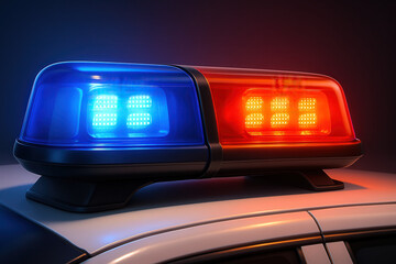 Police light bar with red and blue flashing lights on dark background, 3D render