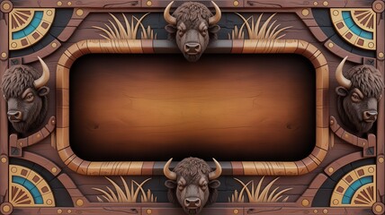 Ornate wooden signboard with buffalo heads and tribal ornament, blank copy space