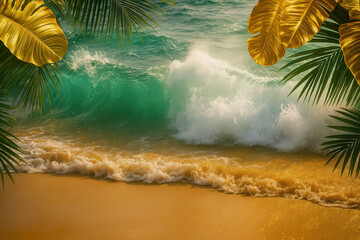 Tropical beach with turquoise wave and palm leaves, summer background