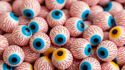 A pile of creepy fake eyeballs with red veins and blue or yellow irises, perfect for halloween decorations or novelty items