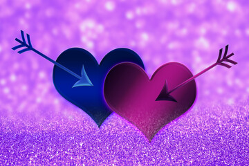 Glittering Purple and Blue Hearts. Colourful gradient abstract background light display with glowing reflections and fluid transitions white sparkles.A Romantic Symbol of Love.