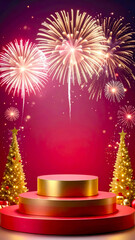 empty podium with new years firework decoration with copy space