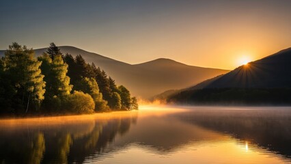 Tranquil lake scene with mountain range at sunrise