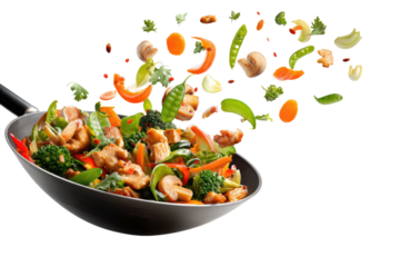 Colorful stir-fry, vibrant vegetables and protein spilling from a hot, round cooking pan
