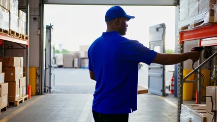 Efficient Warehouse Operation: Man Scanning Package with Barcode Reader for Inventory Tracking