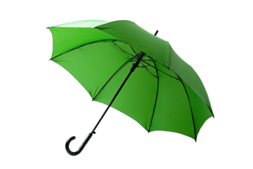 Open green umbrella angled slightly upward with a black handle, isolated on a black background