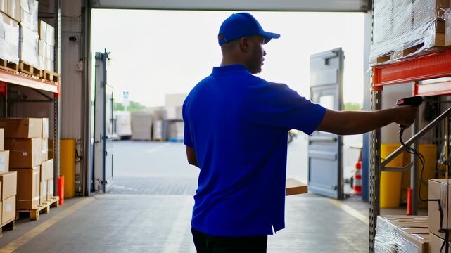 Efficient Warehouse Operation: Man Scanning Package with Barcode Reader for Inventory Tracking