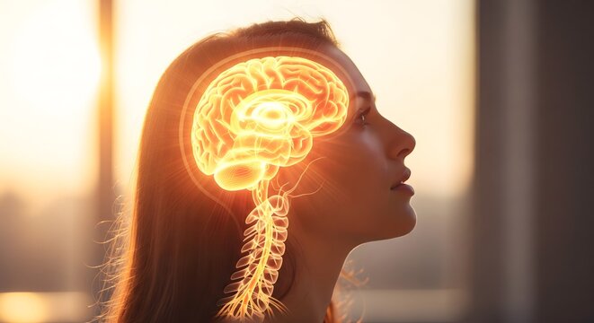 Side profile of woman with glowing brain and nervous system, neuroscience and cognition concept, mental health awareness, brain activity and futuristic medical visualization