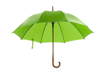 Open bright green umbrella on a black background, showing details of the wooden handle