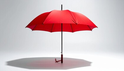 Obraz premium “Bright red umbrella open on neutral background, symbolizing protection, resilience, and striking design.”