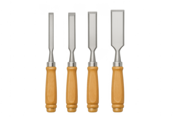 Woodworking chisels set with wooden handles on transparent background