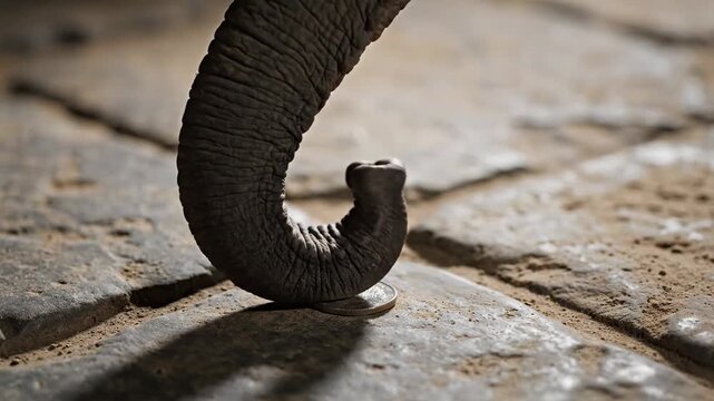 Elephant Trunk Gently Touches Coin on Dusty Paved Ground With Dramatic Shadows and Soft Lighting Detail
