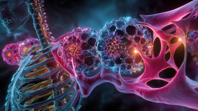 Spongy bone tissue affected by osteoporosis, 3D illustration