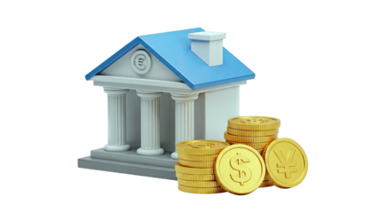 Bank building with stacks of gold coins