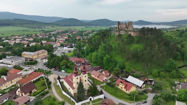 Aerial view of Divin Castle in the village of Divin in Slovakia