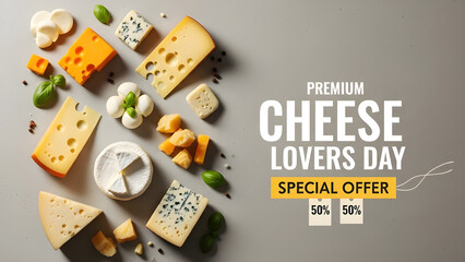 Premium cheese lovers day special offer with assortment of various cheeses and basil leaves on gray background