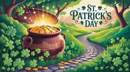 A mystical of a golden pot at the end of a rainbow path on St Patricks Day