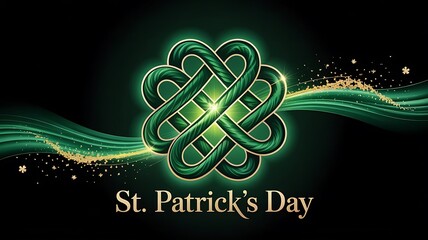 Green Celtic Knot Symbol with Radiating Light on Black Background for St Patricks Day